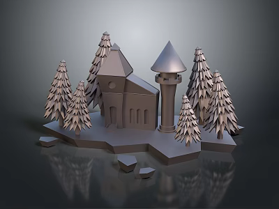 Cartoon Miniature Scene With Pointed Roof Building Pine Trees And Stones 3d model