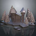 Cartoon Miniature Scene With Pointed Roof Building Pine Trees And Stones