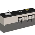 Modern Bar Counter With Black Top White Cabinet Sink Fruit Bowl And Metal Stools