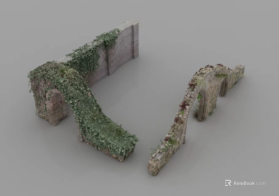 Rustic Stone Garden Wall Overgrown With Lush Green Ivy And Arched Structures 3d model 