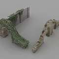 Rustic Stone Garden Wall Overgrown With Lush Green Ivy And Arched Structures