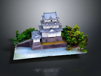 Traditional Japanese Castle with Multi Level Structure Gray Roof White Walls Surrounded By Trees Water 3d model