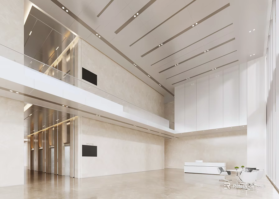 Modern Reception Desk in Minimalist Lobby Interior with White Marble Elevator and Spacious Layout 3d model