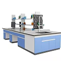 Functional Laboratory Workbench With Blue And White Cabinets Sink Shelves And Chemical Bottles 3d model