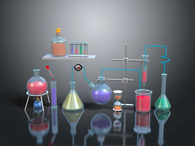 Laboratory Equipment Setup With Flask Beaker Test Tubes Stand And Colored Liquids 3d model