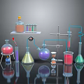 Laboratory Equipment Setup With Flask Beaker Test Tubes Stand And Colored Liquids