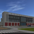 Modern Fire Station Exterior Building With Red Garage Doors And Parking Area
