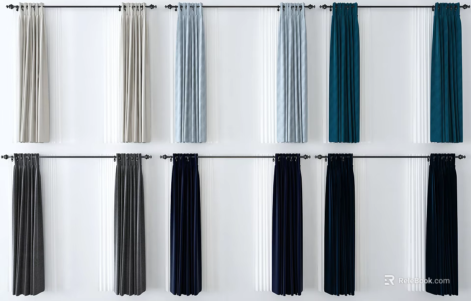 Various Colored Elegant Curtains Drapes Hang On Rods Against White Background 3d model 