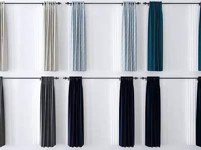 Various Colored Elegant Curtains Drapes Hang On Rods Against White Background 3d model