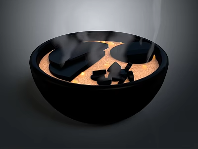 Steaming Hot Food In Black Bowl With Yellow Base And Black Chunks 3d model