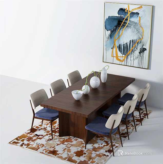 Modern Dark Wooden Dining Table Set With Blue Cushion Chairs Decorative Vases And Abstract Painting 3d model 