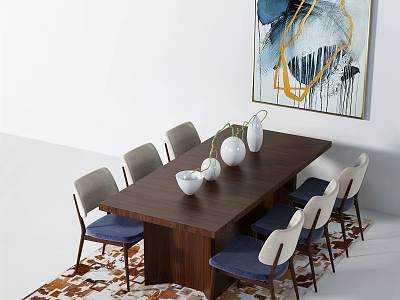 Modern Dark Wooden Dining Table Set With Blue Cushion Chairs Decorative Vases And Abstract Painting 3d model