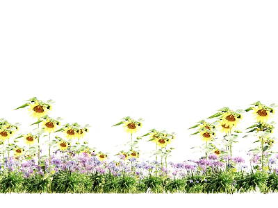 Bright Sunlit Sunflowers And Purple Flowers In Green Grass Field 3d model