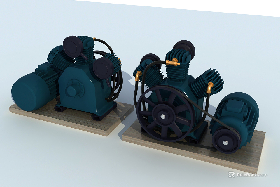 Vintage Industrial Teal Engines With Black Wheels Pipes And Wooden Bases 3d model 