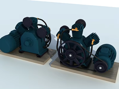 Vintage Industrial Teal Engines With Black Wheels Pipes And Wooden Bases 3d model