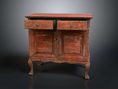 Vintage Wooden Cabinet with Two Drawers Cabinet Doors Carved Legs Distressed Finish 3d model