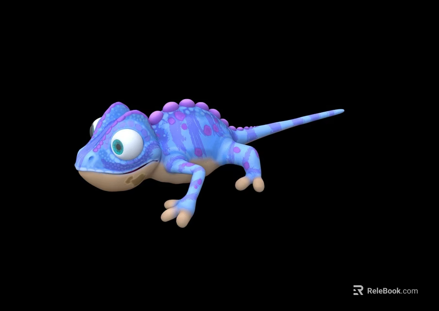Cute Purple Blue Cartoon Chameleon 3D Model With Big Eyes And Spikes On Black Background 3d model 