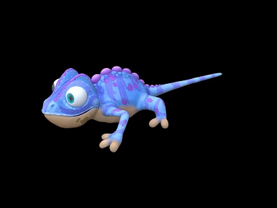 Cute Purple Blue Cartoon Chameleon 3D Model With Big Eyes And Spikes On Black Background 3d model