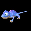 Cute Purple Blue Cartoon Chameleon 3D Model With Big Eyes And Spikes On Black Background