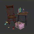 Vintage Wooden Rocking Chair and Small Table Set With Beer Bottles Crate and Cans