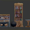 Collection of Wooden Furniture Including Bookshelf Workbench Barrel Stool and Table