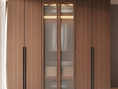 Modern Wooden Wardrobe With Glass Door And LED Strip Lights Interior Design 3d model