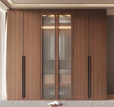 Modern Wooden Wardrobe With Glass Door And LED Strip Lights Interior Design 3d model