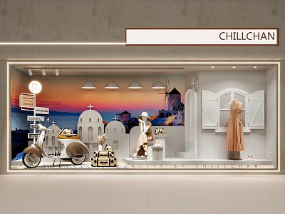 CHILLCHAN Window Display With Sunset Scene White Buildings Scooter White Shutters And Dress Mannequin 3d model