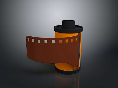 Vintage Household Film Reel With Black Lid Orange Body And Unfolded Brown Film Strip 3d model