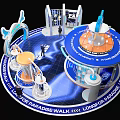 Futuristic Tech Exhibition Booth With Blue White Design Circular Structure Domed Top And People Around