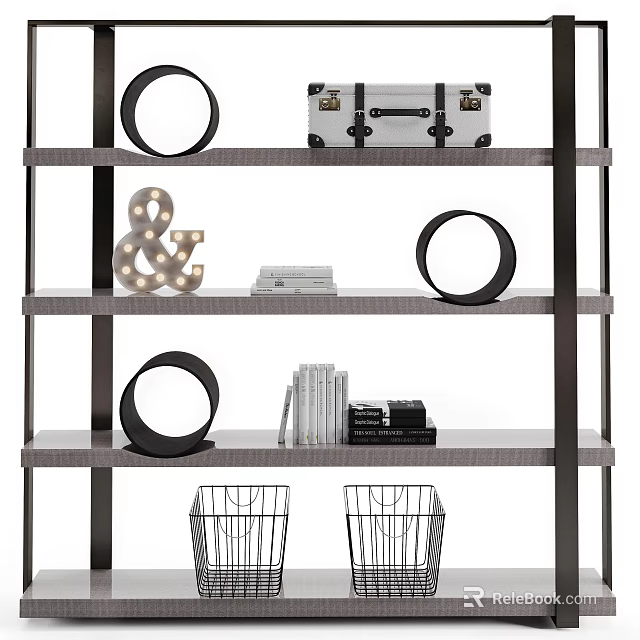 Modern Shelving Unit With Multiple Shelves Decorative Rings Books And Storage Baskets 3d model 