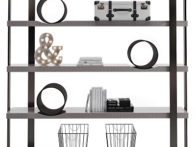Modern Shelving Unit With Multiple Shelves Decorative Rings Books And Storage Baskets 3d model