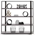 Modern Shelving Unit With Multiple Shelves Decorative Rings Books And Storage Baskets