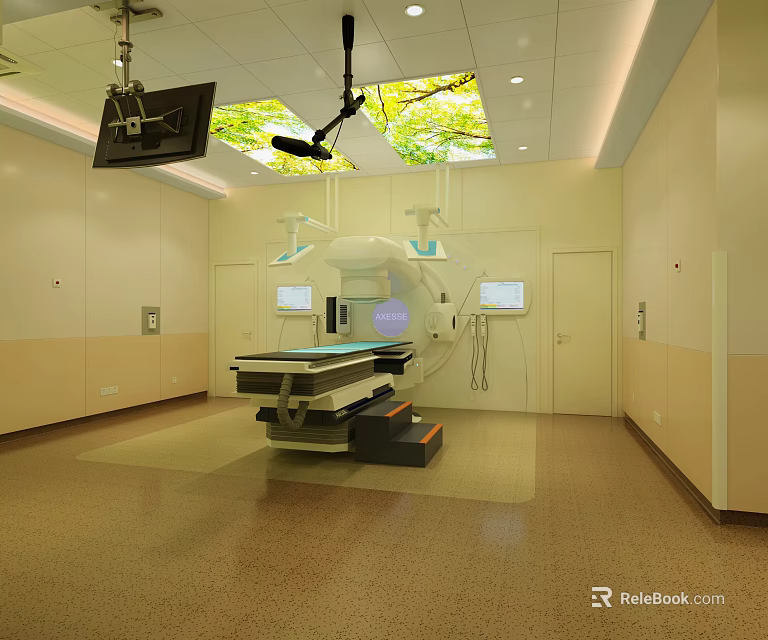 Modern Operating Room Featuring Surgical Table Medical Equipment And Green Ceiling Design 3d model