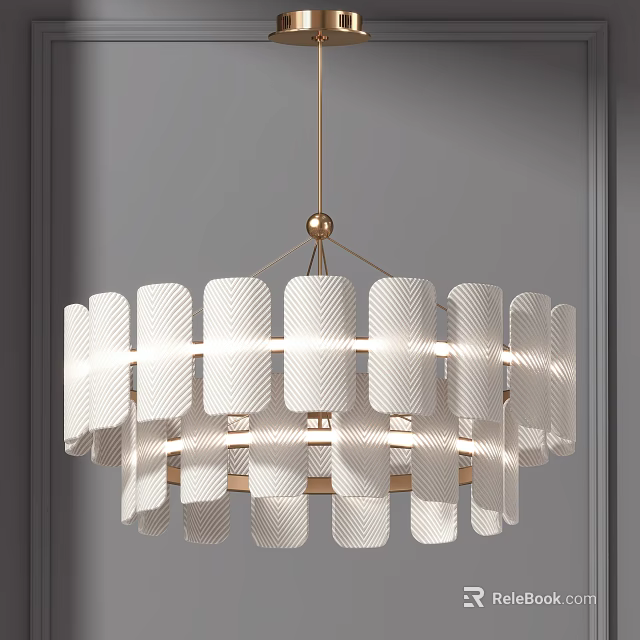 Modern White Textured Slab Chandelier With Gold Metal Frame And Warm Lighting 3d model 