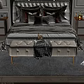 Elegant Modern Cream Leather Bench With Golden Legs And Checkered Blanket In Bedroom