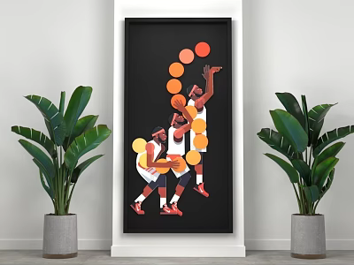 Photo Wall With Artistic Basketball Players Design And Green Plants Decorative Elements 3d model