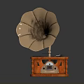 Vintage Gramophone Electronic Appliance With Brass Horn Orange Base And Ornate Turntable