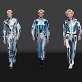Three Male Models Walking in Shiny Silver Blue Jumpsuits with Blonde Short Hair on Runway
