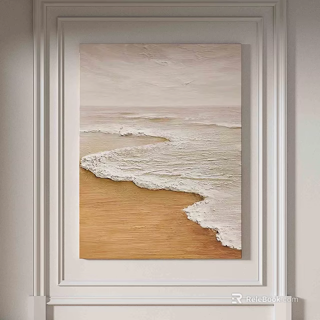 Seascape Wall Art with Foamy Ocean Waves on Sandy Beach in Neutral Tones 3d model 