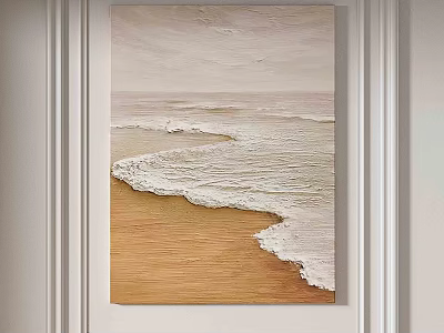 Seascape Wall Art with Foamy Ocean Waves on Sandy Beach in Neutral Tones 3d model