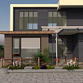Detached Villa Exterior With Brown Roof Wooden Fence Courtyard Plants And Stone Paved Ground