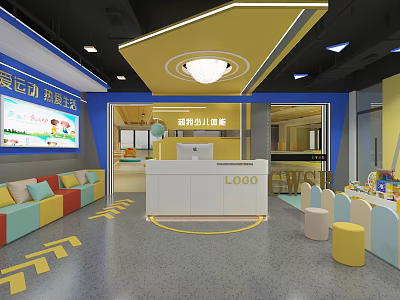 Vibrant Kindergarten Reception With Colorful Furniture Bright Interior And Cartoon Screen 3d model