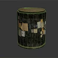 Decorative Cylindrical Container With Dark Surface Brown Lid And Various Paper Stickers 3d model