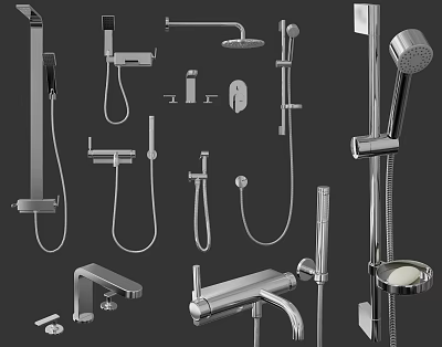 Various Types of Modern Shower Head Components with Handheld Fixed and Overhead Options 3d model