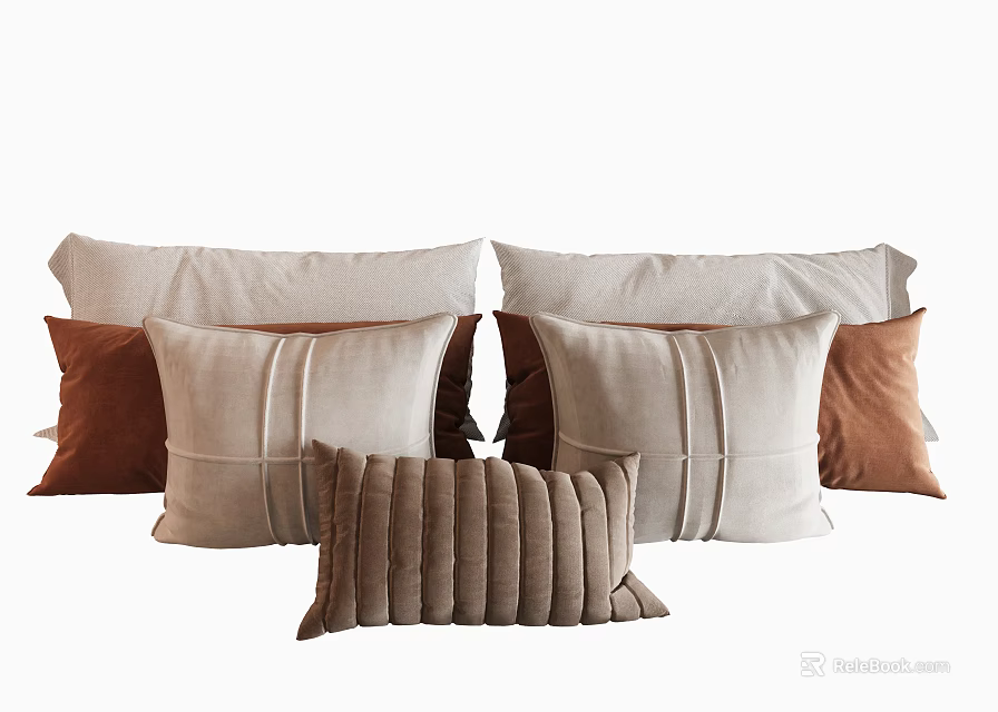 Decorative Throw Pillows in Beige and Brown with Striped Square Textured Patterns in Layered Arrangement 3d model 