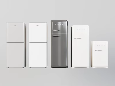 Collection of Kitchen Appliances Displaying Various Stylish Refrigerators in Different Colors 3d model