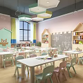 Kindergarten Classroom With White Tables Chairs Blackboard Drawings House Shaped Bookshelves Cloud Pendant Lights