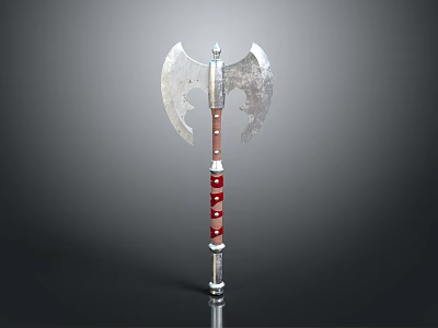 Double Bladed Axe Weapon With Red And White Handle And Metal Blades 3d model