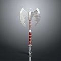Double Bladed Axe Weapon With Red And White Handle And Metal Blades